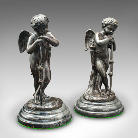 Pair Of Vintage Putti Figures, French, Bronze, Marble, Cupid Ornament, Art Deco