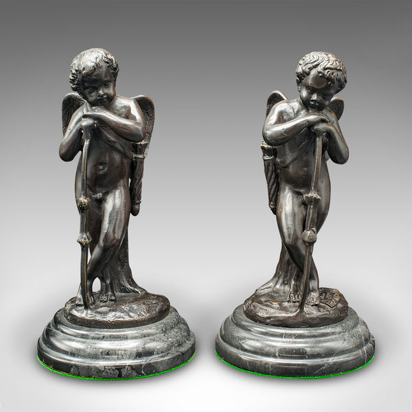 Pair Of Vintage Putti Figures, French, Bronze, Marble, Cupid Ornament, Art Deco