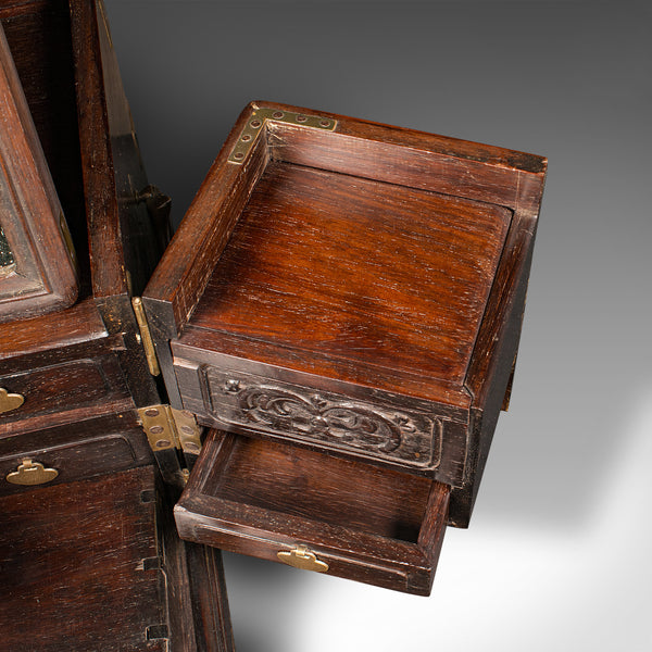 Antique Ladies Travelling Vanity Box, Chinese, Elm, Brass, Dressing Table Case
