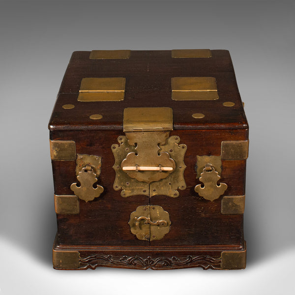 Antique Ladies Travelling Vanity Box, Chinese, Elm, Brass, Dressing Table Case