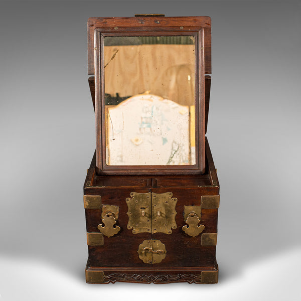 Antique Ladies Travelling Vanity Box, Chinese, Elm, Brass, Dressing Table Case