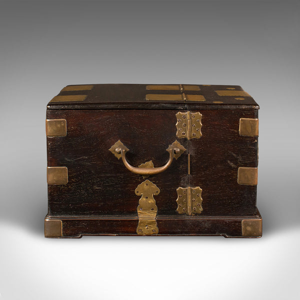 Antique Ladies Travelling Vanity Box, Chinese, Elm, Brass, Dressing Table Case