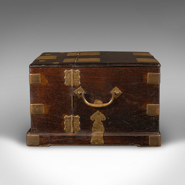 Antique Ladies Travelling Vanity Box, Chinese, Elm, Brass, Dressing Table Case