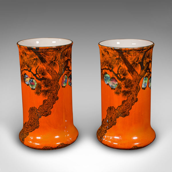 Pair Of Antique Flower Vases, English, Lustre Ceramic, Oriental Taste, C.1920