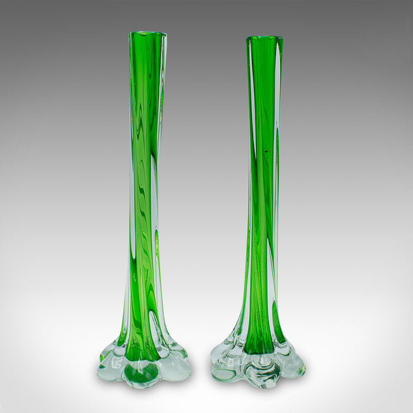 Pair Of Vintage Twist Stem Vases, French, Art Glass, Flower Sleeve, Mid Century
