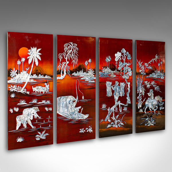 Vintage Set Of Wall Panels, Chinese, Lacquer, Mother of Pearl, Oriental Display