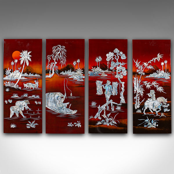 Vintage Set Of Wall Panels, Chinese, Lacquer, Mother of Pearl, Oriental Display