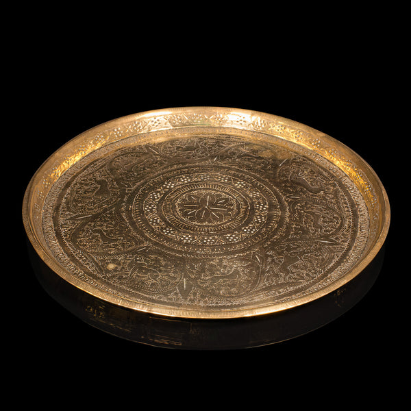 Antique Kasmiri Decorative Tray, Indian, Engraved, Brass, Platter, Victorian