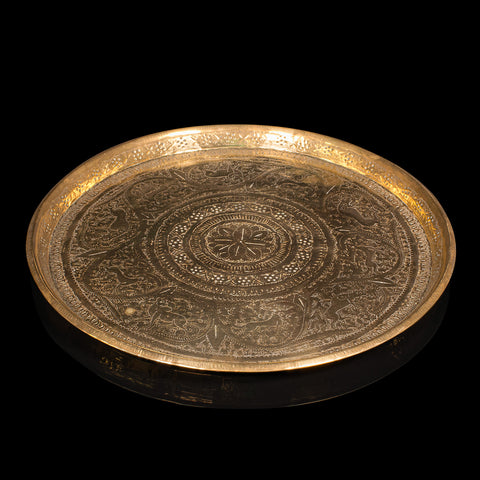 Antique Kasmiri Decorative Tray, Indian, Engraved, Brass, Platter, Victorian