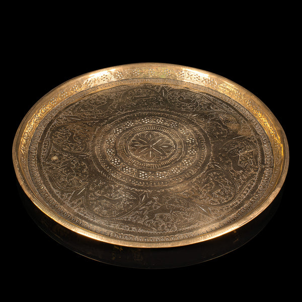 Antique Kasmiri Decorative Tray, Indian, Engraved, Brass, Platter, Victorian