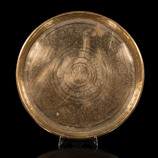 Antique Kasmiri Decorative Tray, Indian, Engraved, Brass, Platter, Victorian