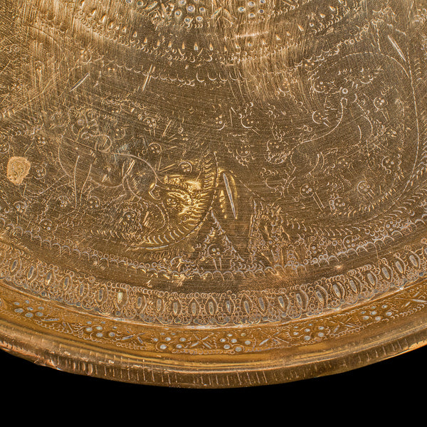Antique Kasmiri Decorative Tray, Indian, Engraved, Brass, Platter, Victorian
