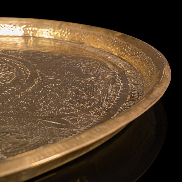 Antique Kasmiri Decorative Tray, Indian, Engraved, Brass, Platter, Victorian
