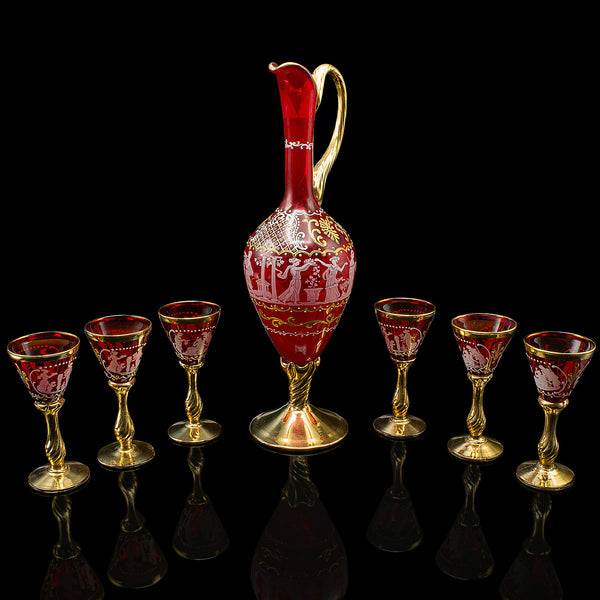 Vintage Aperitif Serving Set, Italian, Art Glass, Ewer, Wine Glasses, Circa 1970