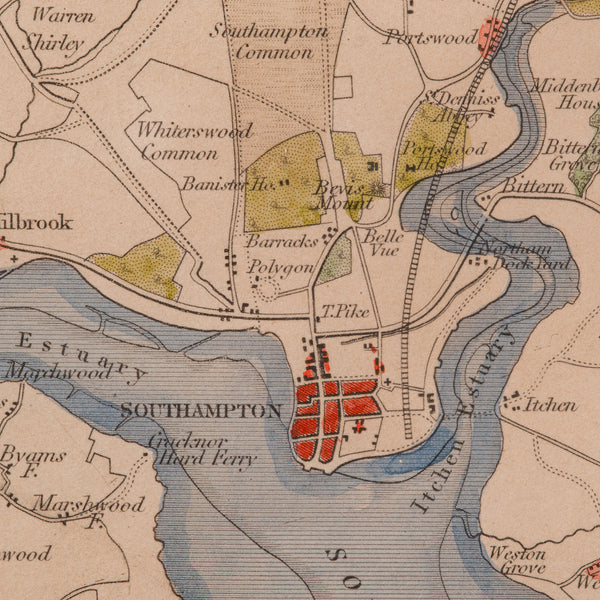 Antique Lithography Map, Environs of Southampton, English, Framed, Victorian