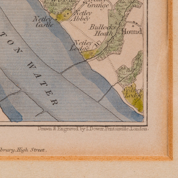 Antique Lithography Map, Environs of Southampton, English, Framed, Victorian