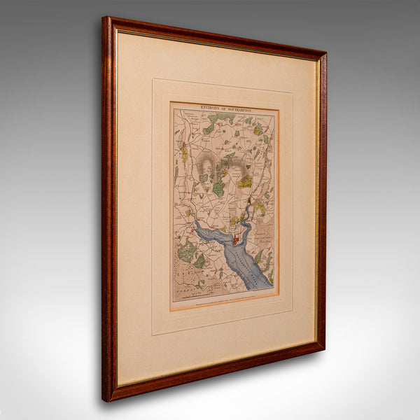 Antique Lithography Map, Environs of Southampton, English, Framed, Victorian