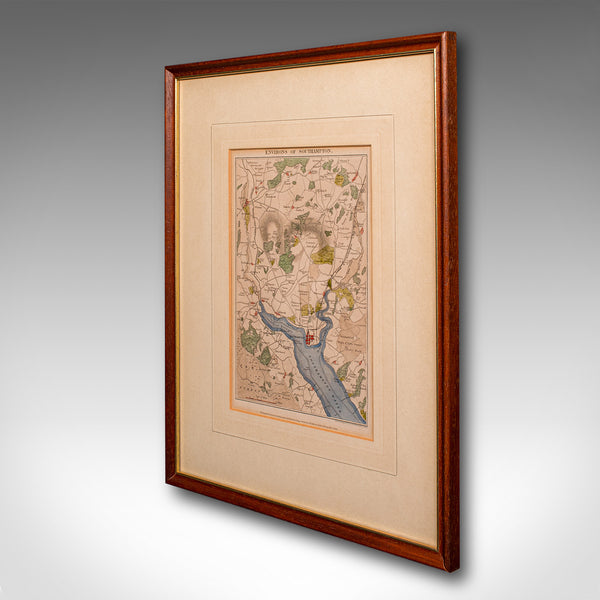 Antique Lithography Map, Environs of Southampton, English, Framed, Victorian