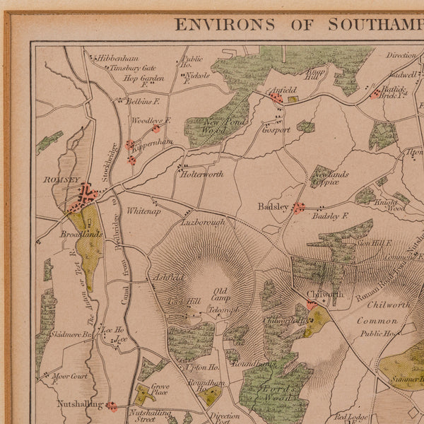 Antique Lithography Map, Environs of Southampton, English, Framed, Victorian