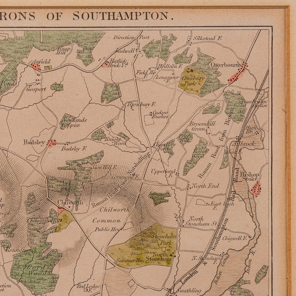 Antique Lithography Map, Environs of Southampton, English, Framed, Victorian