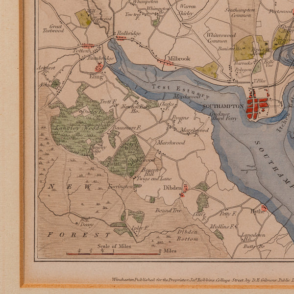 Antique Lithography Map, Environs of Southampton, English, Framed, Victorian