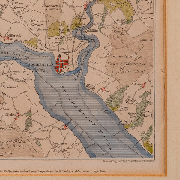 Antique Lithography Map, Environs of Southampton, English, Framed, Victorian