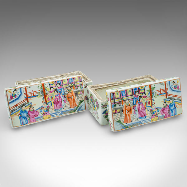 Pair Of Antique Decorative Boxes, Chinese, Ceramic, Lidded Dish, Victorian, 1900