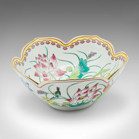 Vintage Leaf Form Fruit Bowl, Chinese, Ceramic, Dish, Lotus Flower, Art Deco