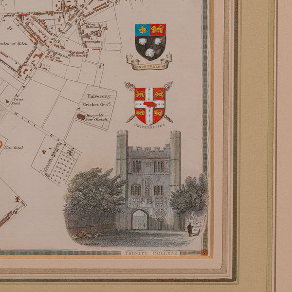 Antique Collegiate Map, Cambridge, English, Framed Cartography, Victorian, 1838