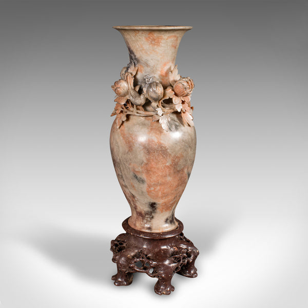 Vintage Dried Flower Vase, Chinese, Soapstone, Urn, Foliate Relief, Art Deco