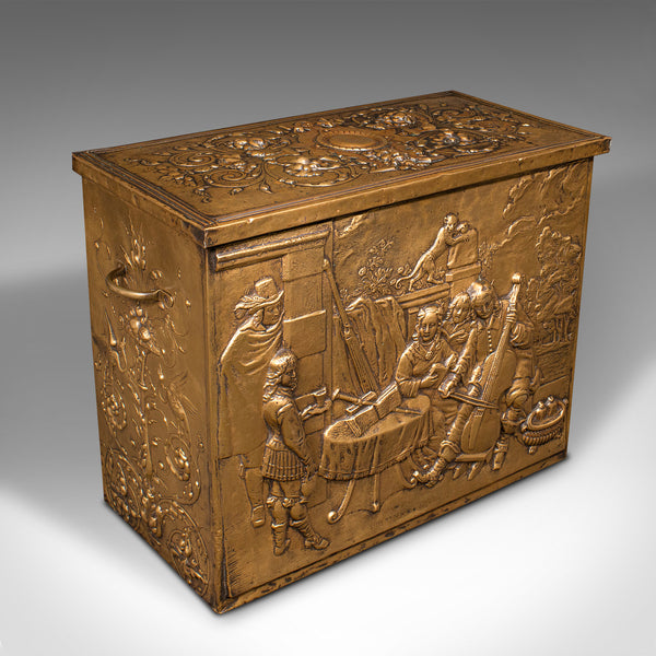 Antique Decorative Fireside Store, Belgian, Brass, Log, Coal Bin, Late Victorian