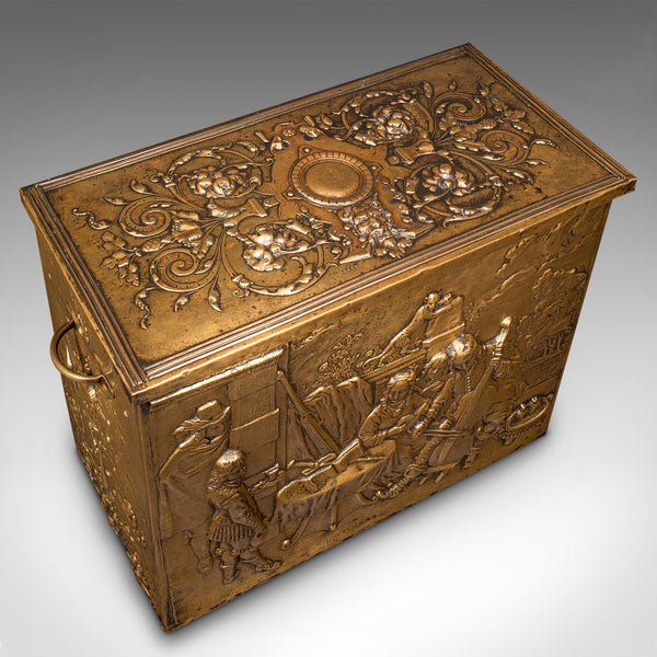 Antique Decorative Fireside Store, Belgian, Brass, Log, Coal Bin, Late Victorian