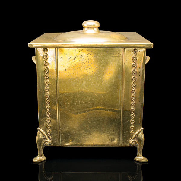 Antique Lidded Coal Scuttle, English Brass, Fireside, Log, Fuel Store, Victorian