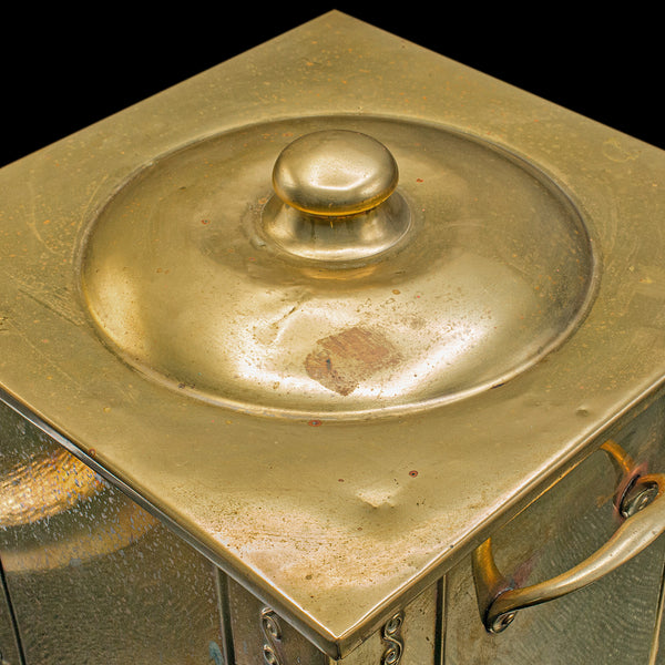 Antique Lidded Coal Scuttle, English Brass, Fireside, Log, Fuel Store, Victorian