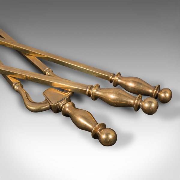 Set of 3 Antique Fireside Tools, English, Brass, Coal Shovel, Poker, Victorian