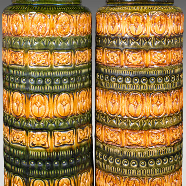 Near Pair of Vintage Lava Vases, German, Ceramic, Flower Sleeve, Stick Stand