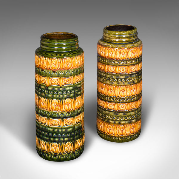 Near Pair of Vintage Lava Vases, German, Ceramic, Flower Sleeve, Stick Stand