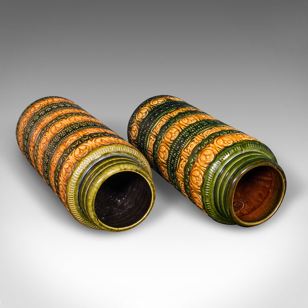 Near Pair of Vintage Lava Vases, German, Ceramic, Flower Sleeve, Stick Stand