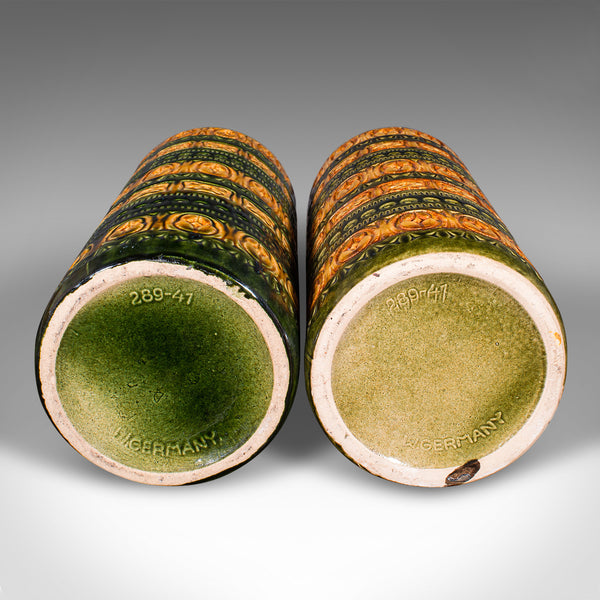 Near Pair of Vintage Lava Vases, German, Ceramic, Flower Sleeve, Stick Stand