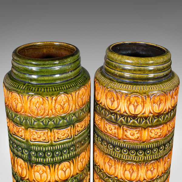 Near Pair of Vintage Lava Vases, German, Ceramic, Flower Sleeve, Stick Stand