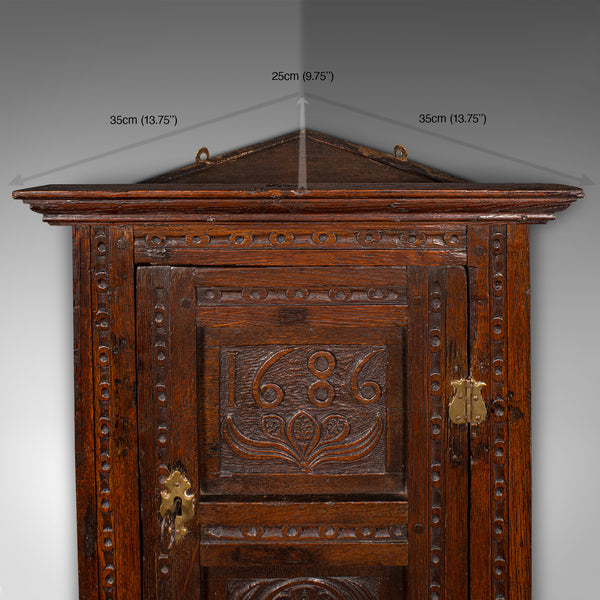 Small Antique Corner Cabinet, English Oak, Wall Cupboard, William and Mary, 1690