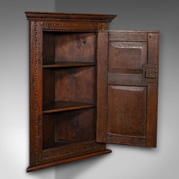 Small Antique Corner Cabinet, English Oak, Wall Cupboard, William and Mary, 1690