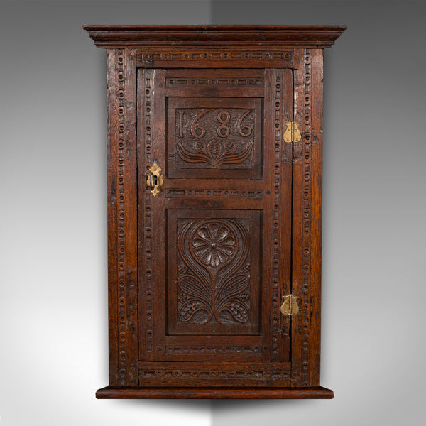 Small Antique Corner Cabinet, English Oak, Wall Cupboard, William and Mary, 1690