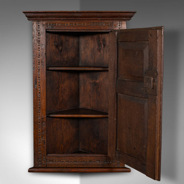 Small Antique Corner Cabinet, English Oak, Wall Cupboard, William and Mary, 1690
