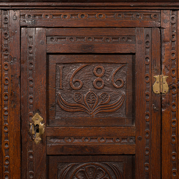 Small Antique Corner Cabinet, English Oak, Wall Cupboard, William and Mary, 1690