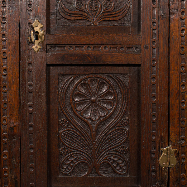 Small Antique Corner Cabinet, English Oak, Wall Cupboard, William and Mary, 1690
