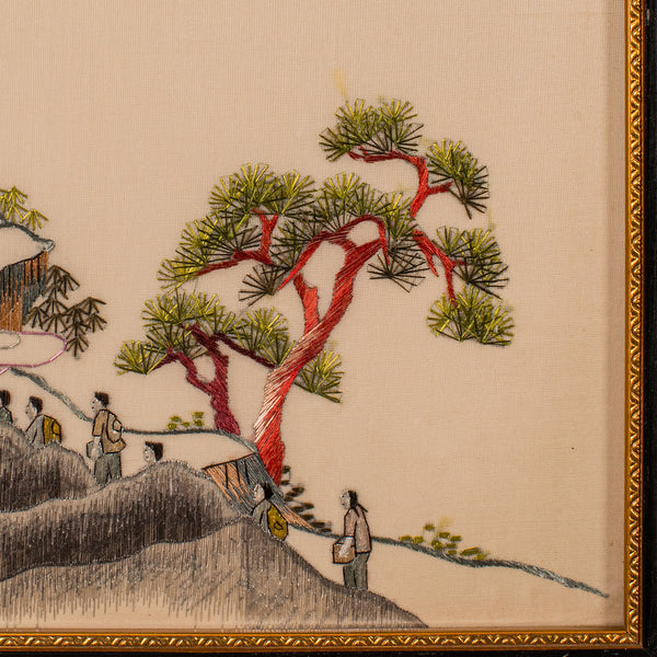 Large Vintage Embroidered Panel, Korean, Silk Cotton, Paper, Decor, Art Deco