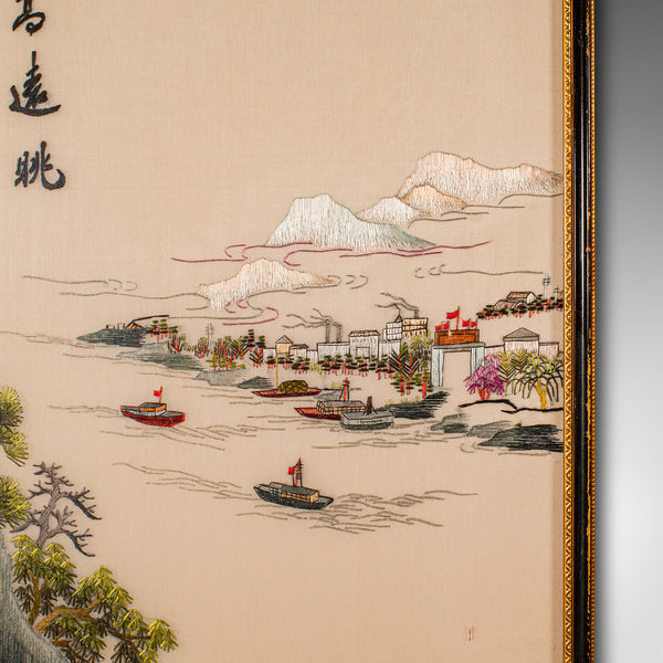 Large Vintage Embroidered Panel, Korean, Silk Cotton, Paper, Decor, Art Deco