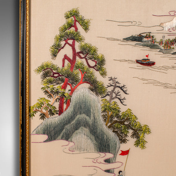 Large Vintage Embroidered Panel, Korean, Silk Cotton, Paper, Decor, Art Deco