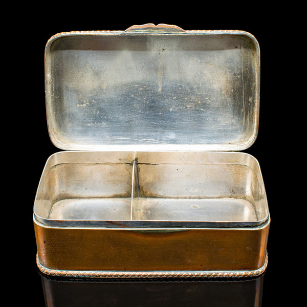 Small Antique Tobacco Tin, English, Copper, Silver Plate, Lidded Box, Edwardian